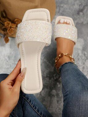 🆕Women's White Sparkly Flat Sandals Dressy Open Toe Glitter Shiny Slippers